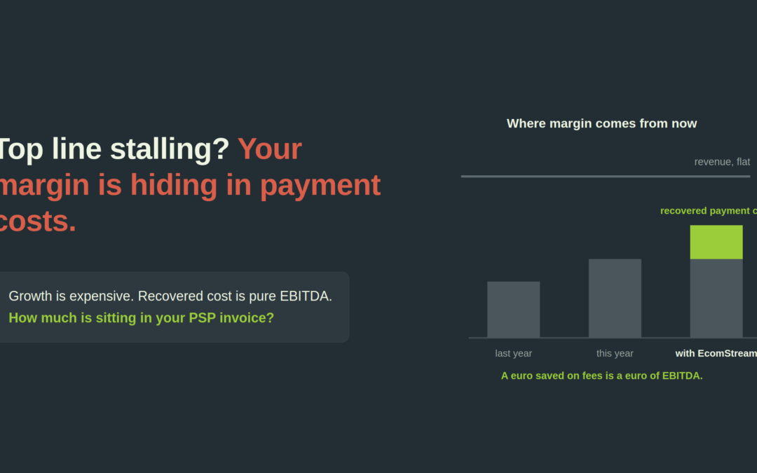 Flat revenue line above EBITDA bars where recovered payment cost adds a green layer of margin, a euro saved on fees is a euro of EBITDA