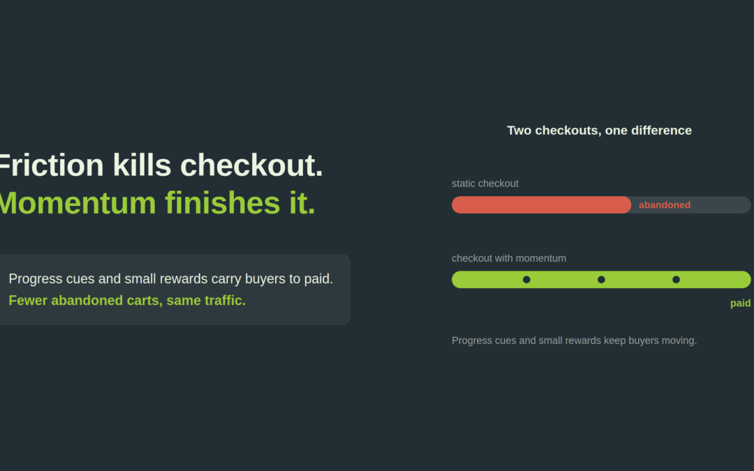 Checkout gamification: a static checkout abandoned partway in coral against a checkout with progress momentum completing to paid in green